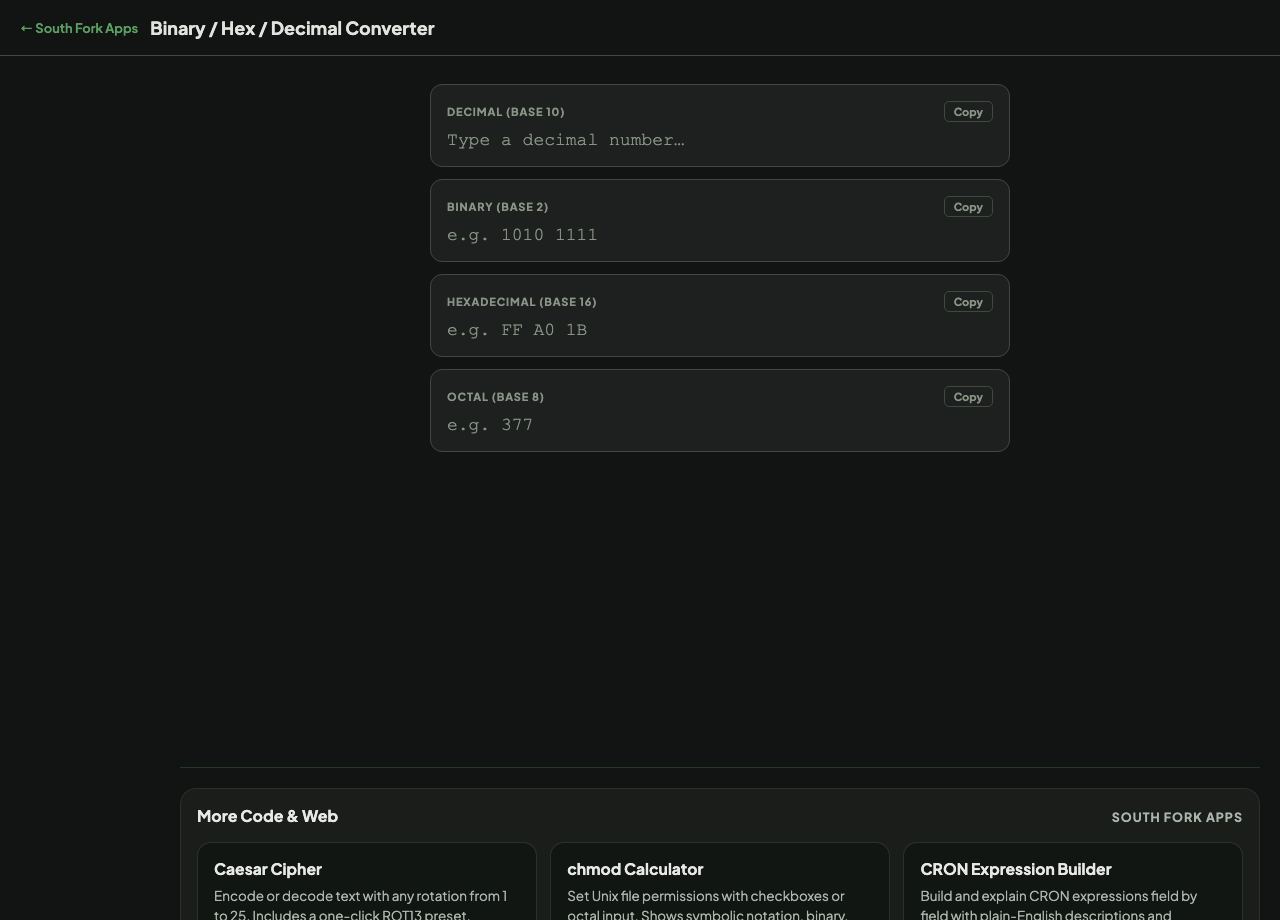 Binary, Hex & Decimal Converter interface preview