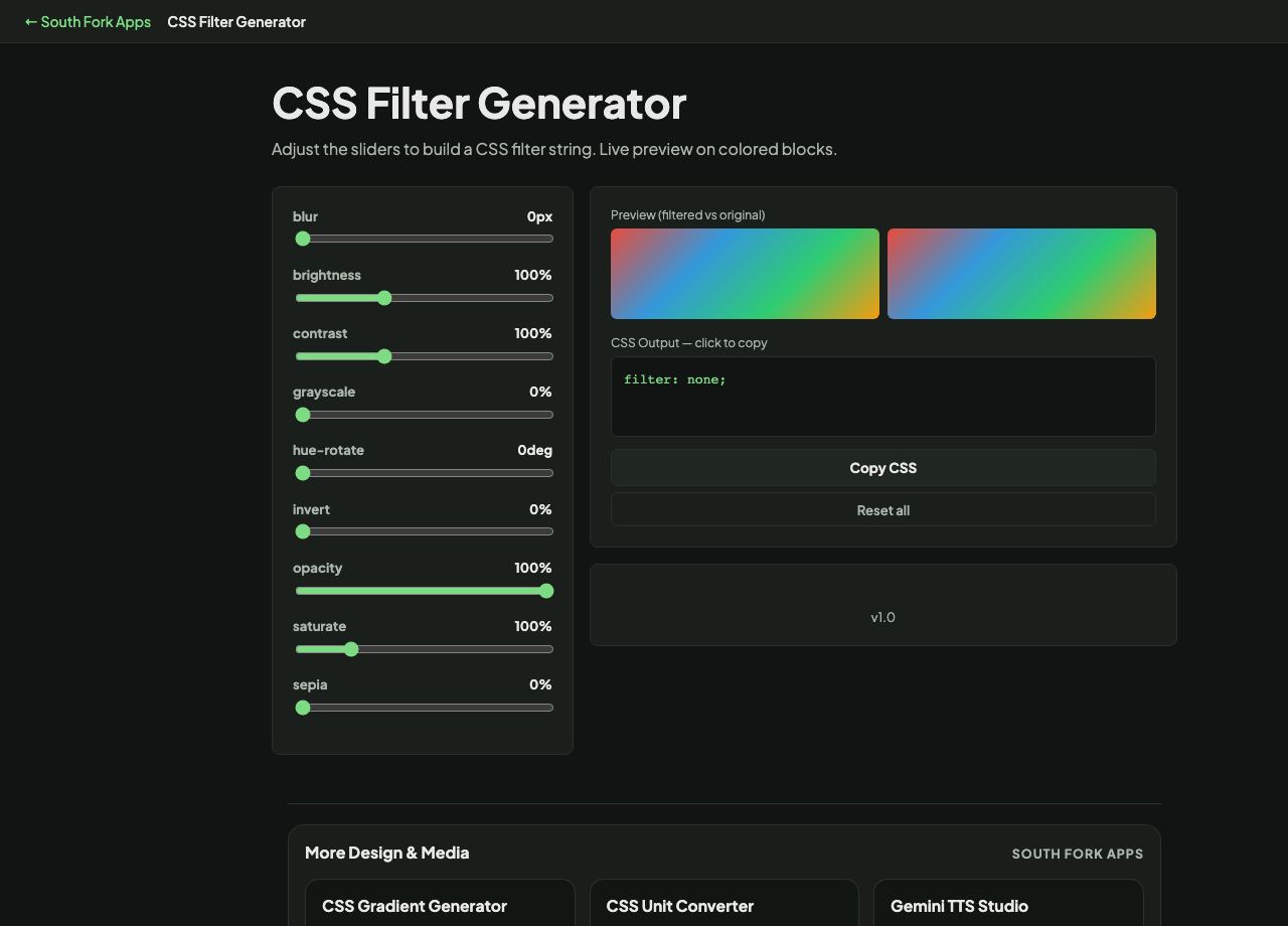CSS Filter Generator interface preview