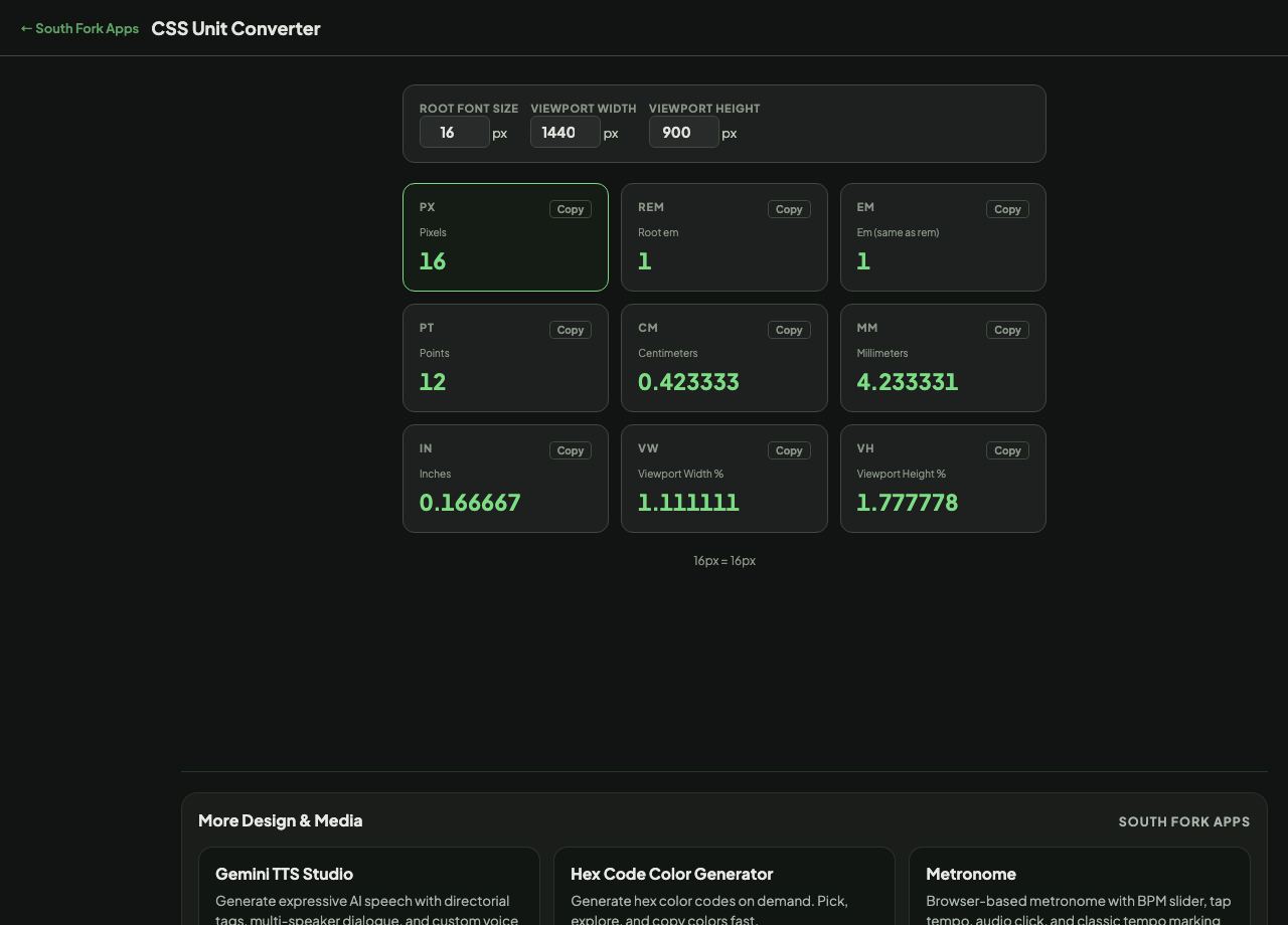 CSS Unit Converter interface preview