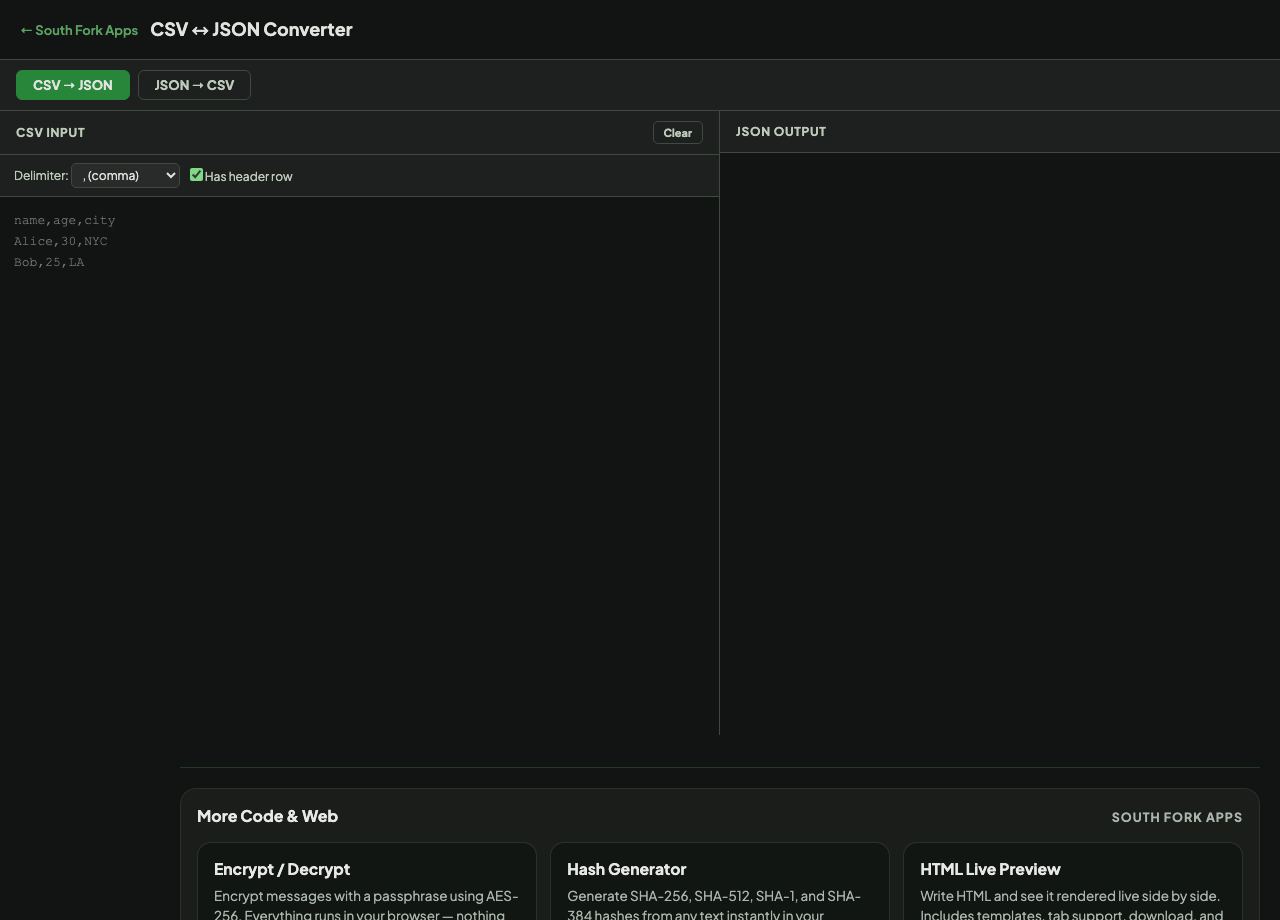 CSV to JSON Converter interface preview