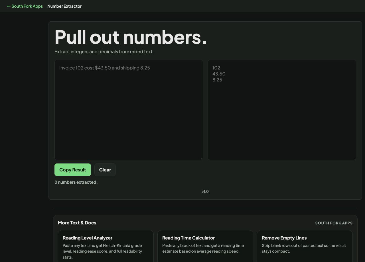Number Extractor interface preview