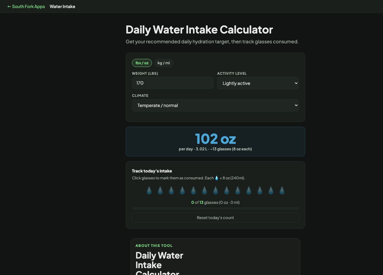 Daily Water Intake Calculator interface preview