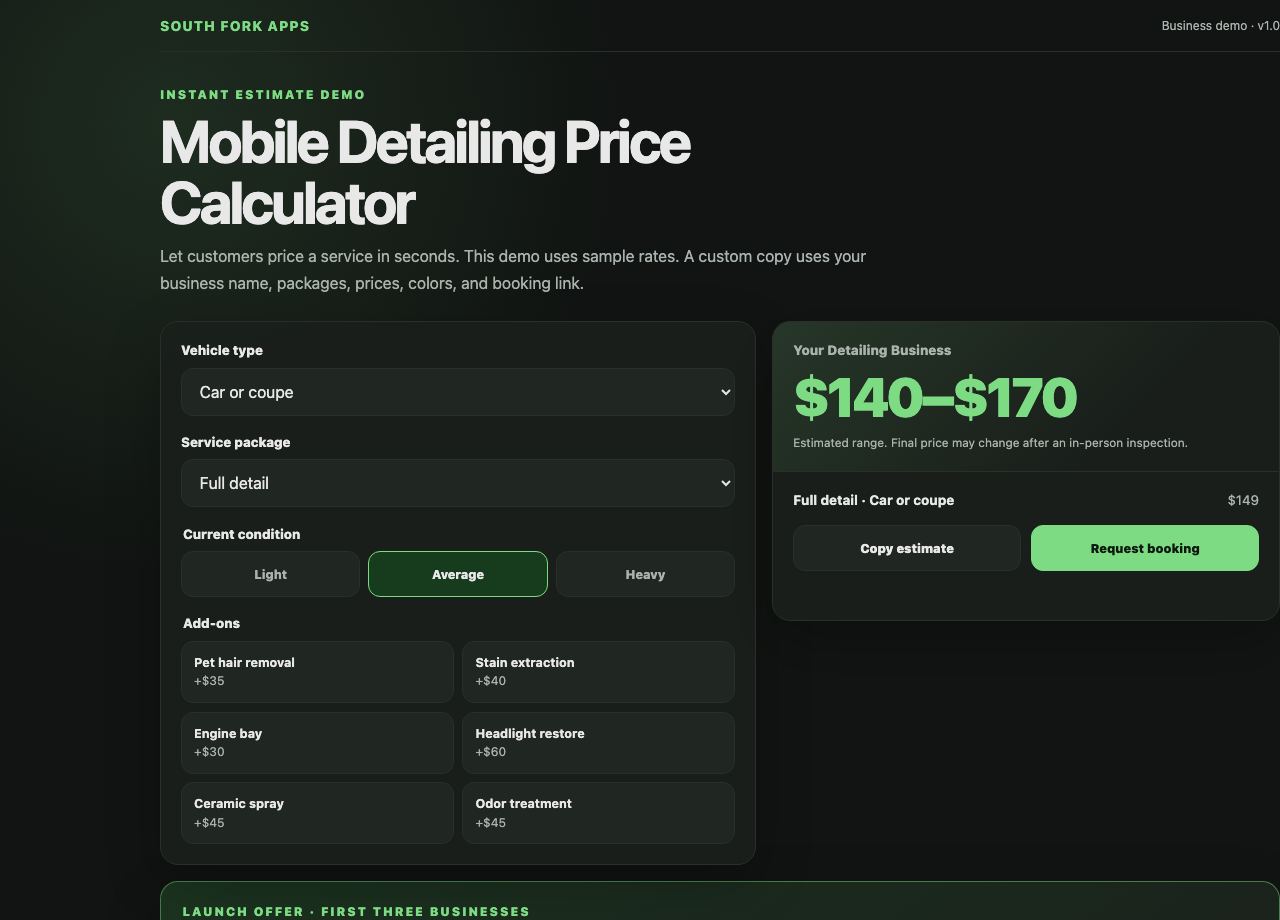 Mobile Detailing Price Calculator interface preview