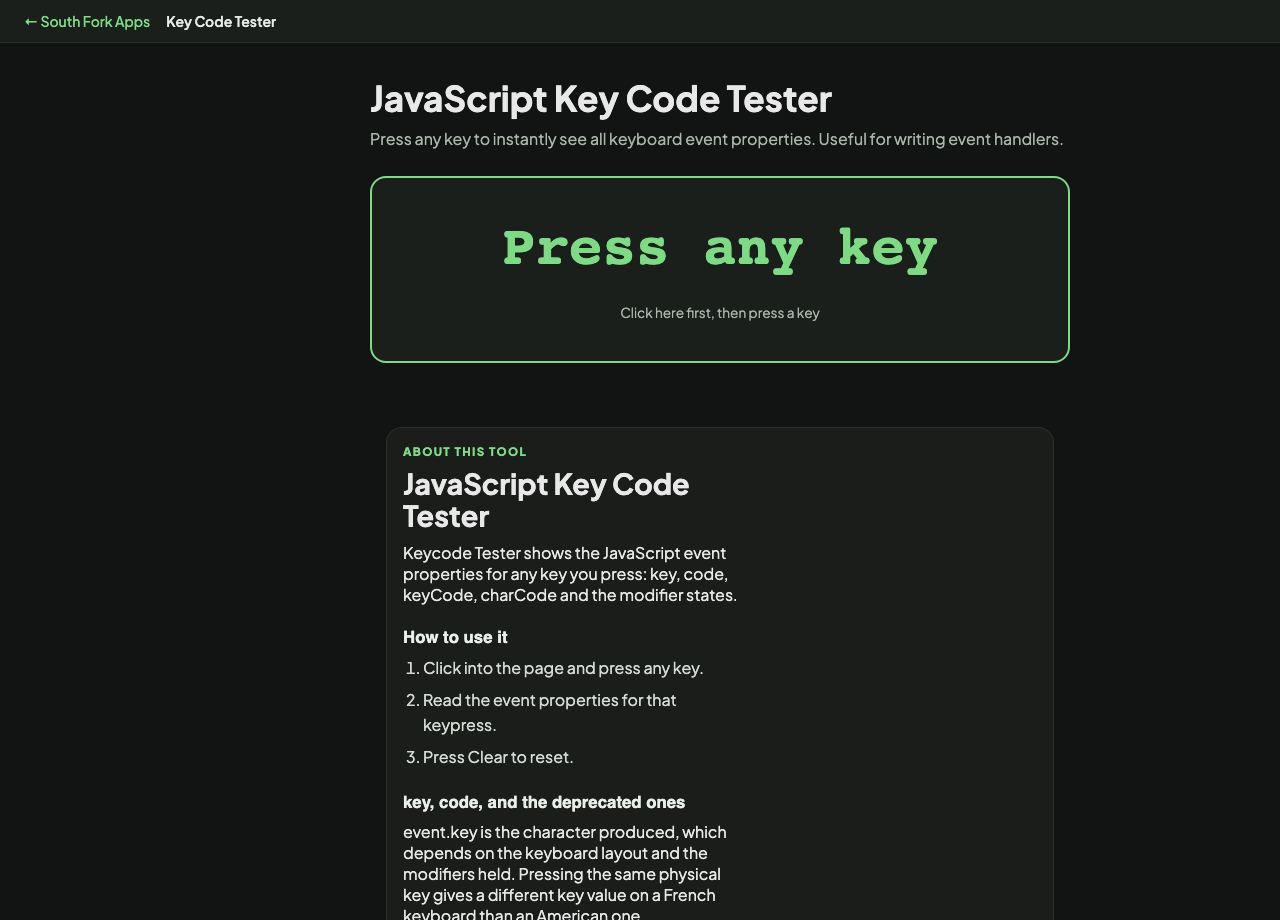 JavaScript Key Code Tester interface preview