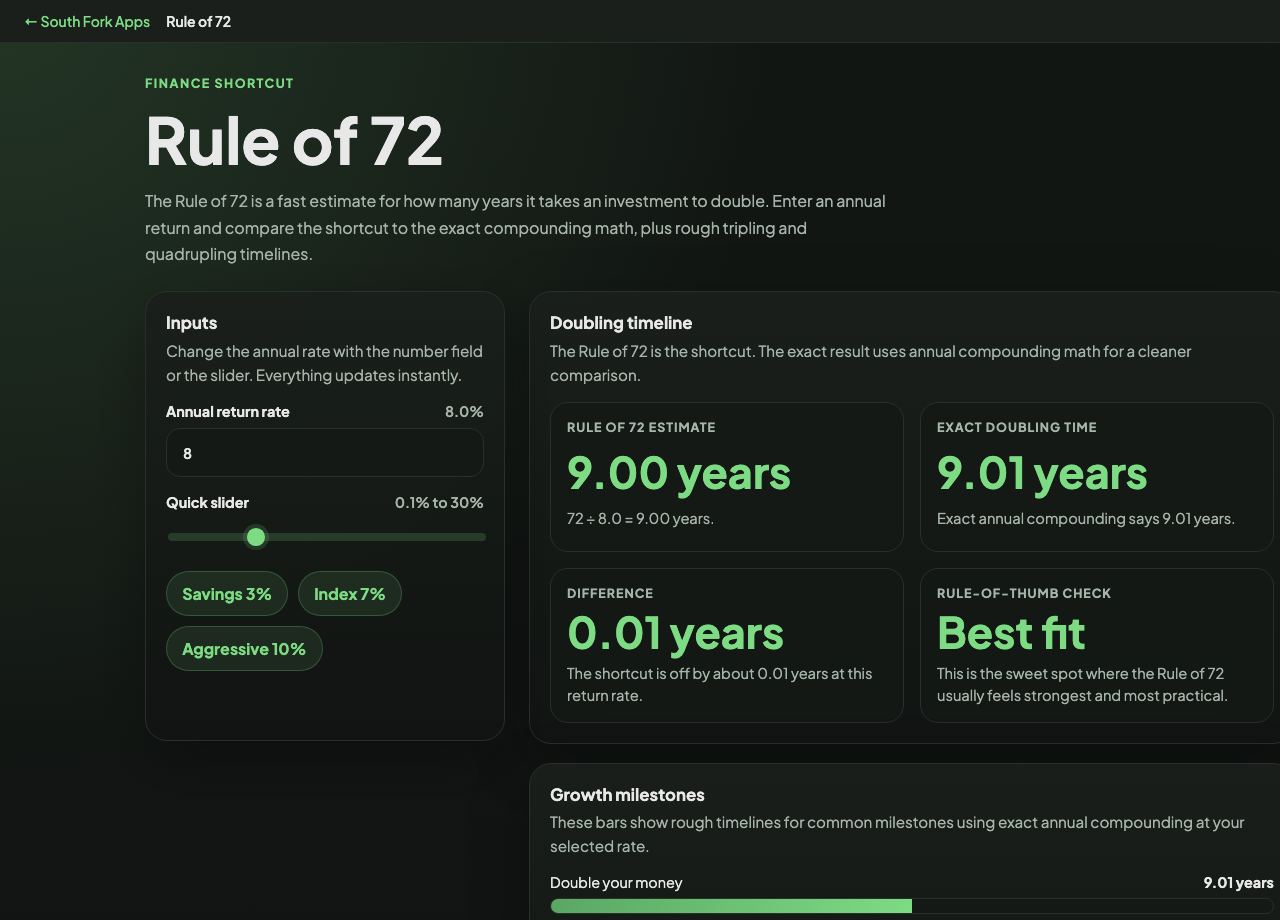 Rule of 72 interface preview