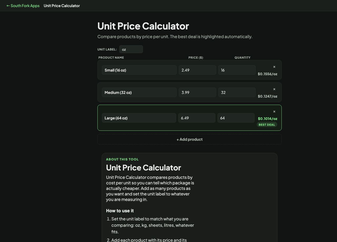 Unit Price Calculator interface preview