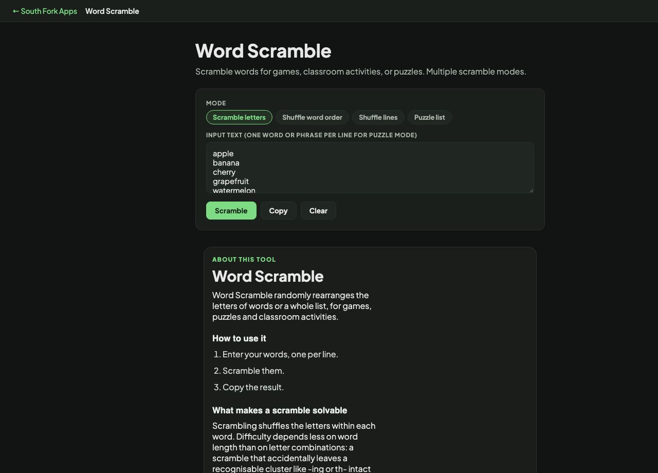 Word Scramble interface preview